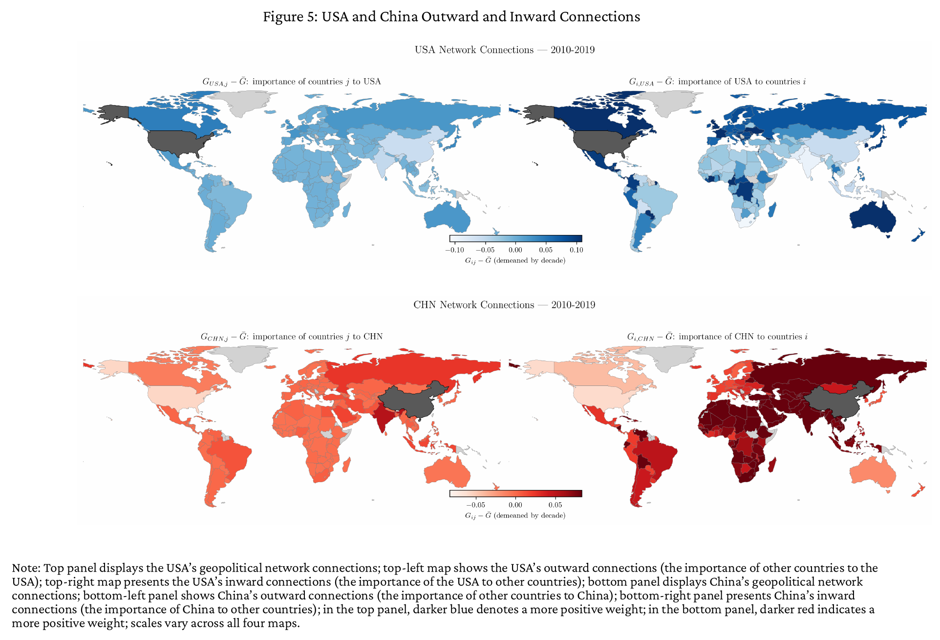 Four world maps for 2010 to 2019: the importance of other countries to the USA, the importance of the USA to other countries, and the same two for China. The USA-inward map is darkest over Canada, Western Europe, Japan and Australia; the China-inward map is darkest over Russia, Central Asia, Africa and South-East Asia.