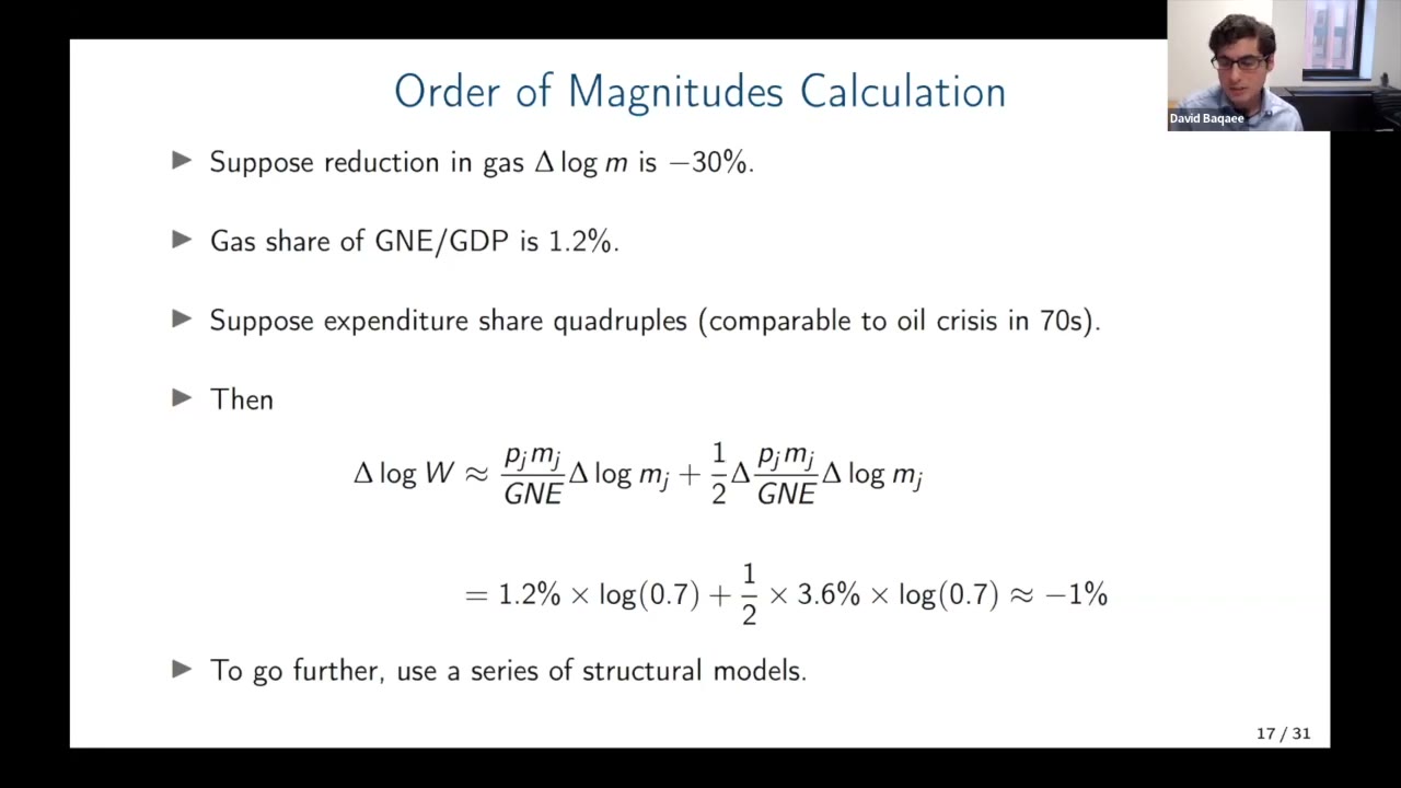 Baqaee&rsquo;s order-of-magnitude slide: 1.2 percent share, 30 percent shock, share quadruples, about minus 1 percent