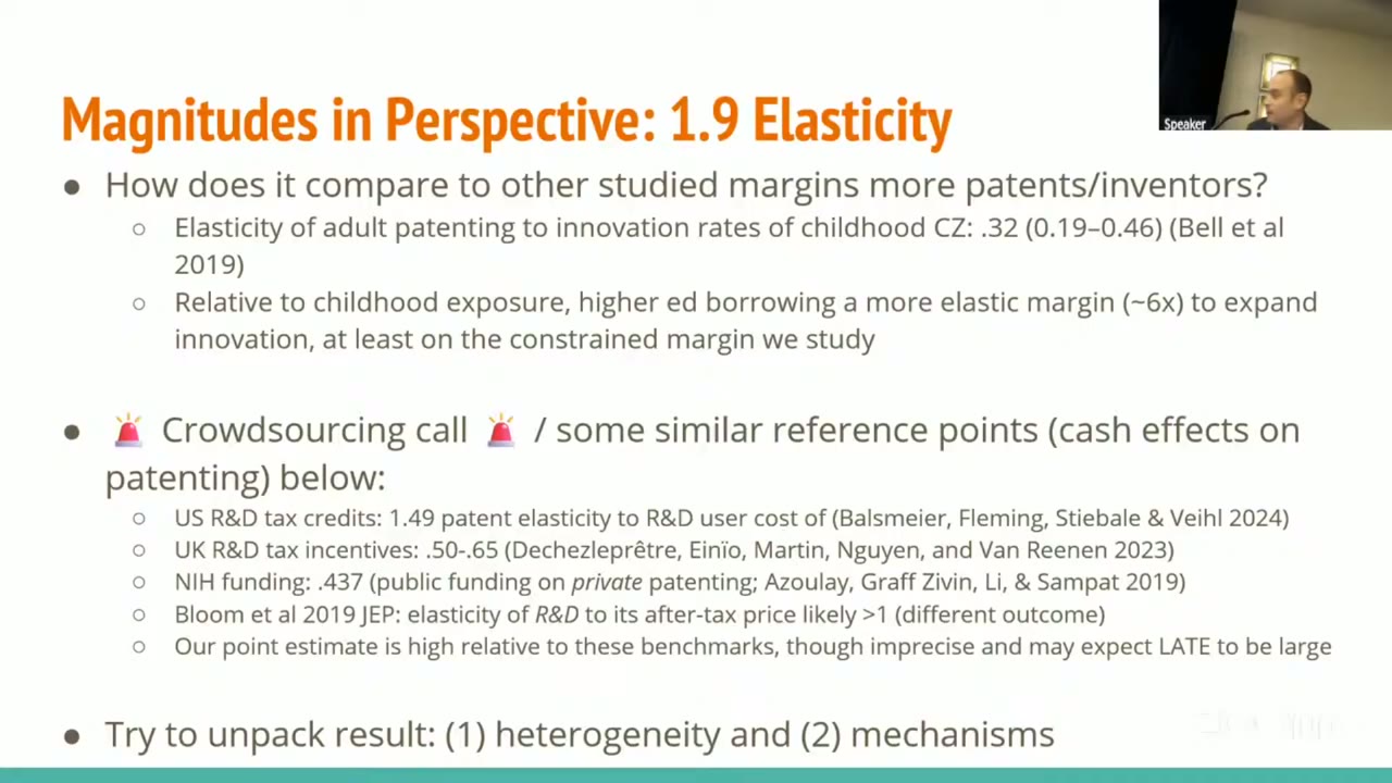 Slide titled “Magnitudes in Perspective: 1.9 Elasticity”. It compares the 1.9 elasticity to an elasticity of adult patenting to childhood commuting-zone innovation rates of .32 (0.19–0.46) from Bell et al. 2019, calling higher-education borrowing a more elastic margin, about six times. Under a “crowdsourcing call” it lists reference points: US R&D tax credits, 1.49 patent elasticity to R&D user cost; UK R&D tax incentives, .50 to .65; NIH funding, .437; and Bloom et al. 2019, an R&D-spending elasticity likely above 1, marked as a different outcome. A closing bullet says the point estimate is high relative to these benchmarks, though imprecise.