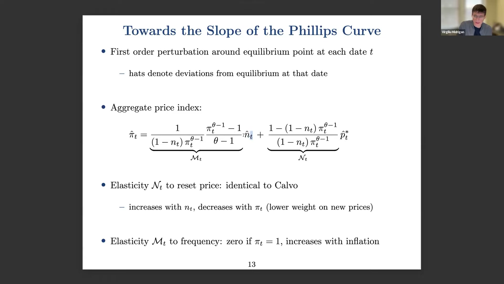 Slide showing the log-linearized aggregate price index with the M and N elasticities under braces, and bullet points noting that the elasticity of inflation to the frequency is zero if inflation is one and increases with inflation.