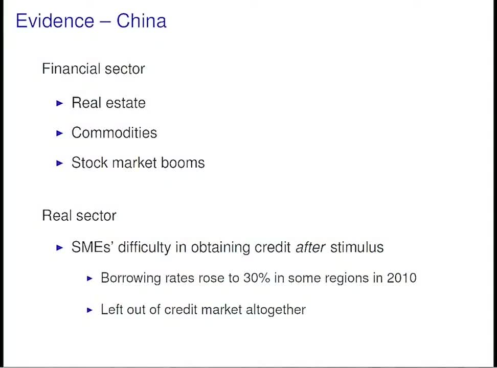 Bulleted slide headed “Evidence – China”. Under “Financial sector”: real estate, commodities, stock market booms. Under “Real sector”: SMEs difficulty in obtaining credit after stimulus, with sub-points that borrowing rates rose to 30% in some regions in 2010 and that some firms were left out of the credit market altogether