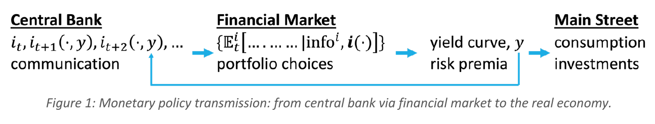 Flow diagram: central bank communicates a contingent interest-rate path, financial-market participants form expectations and choose portfolios, which set the yield curve and risk premia, which drive Main Street consumption and investment; an arrow feeds the yield curve back into the central bank&rsquo;s rule.