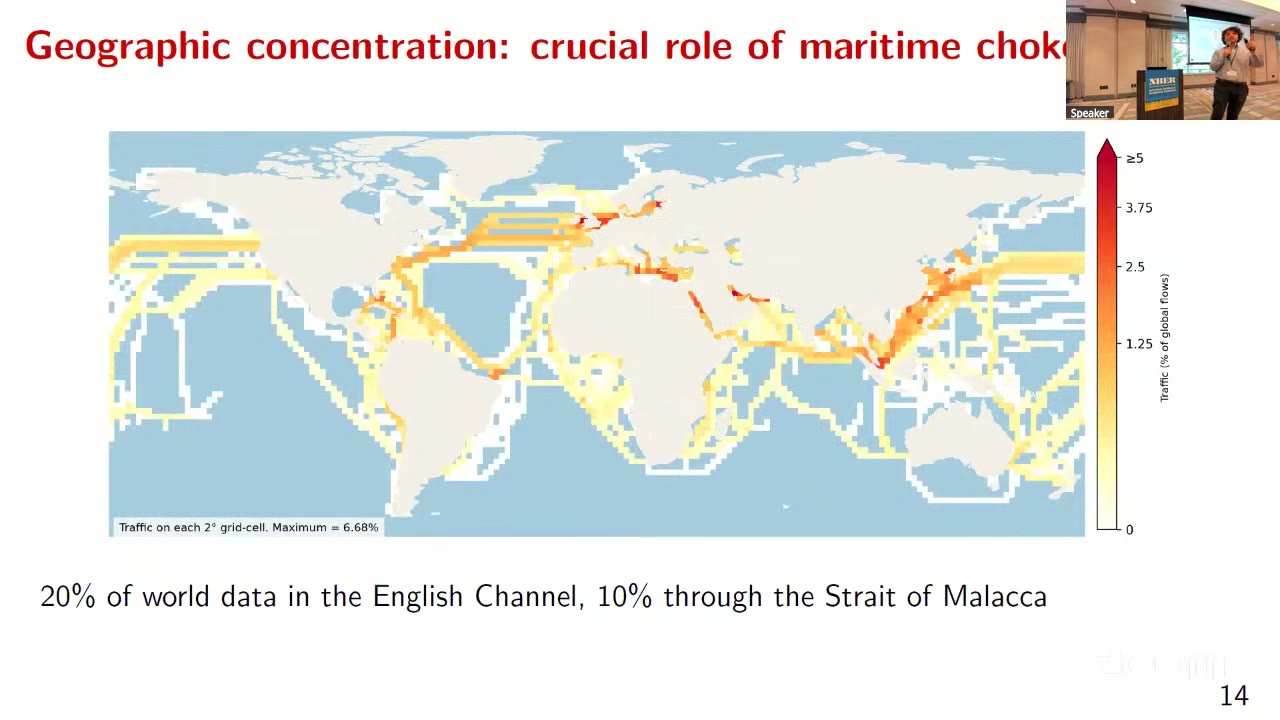 World map of data traffic by two-degree grid cell; the English Channel, the Suez approach and Malacca are dark red