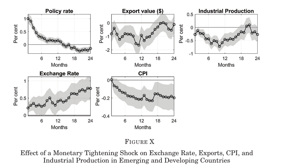 Five impulse-response panels for 37 emerging and developing economies: policy rate, exchange rate, dollar export value, CPI and industrial production over twenty-four months
