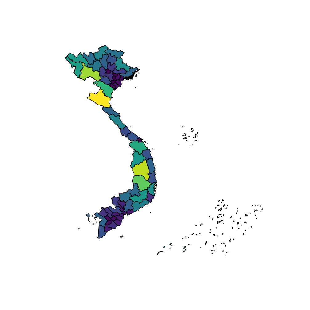 Biểu đồ các đơn vị hành chính Việt Nam, đổ màu theo diện tích từng tỉnh hoặc thành phố trực thuộc trung ương.