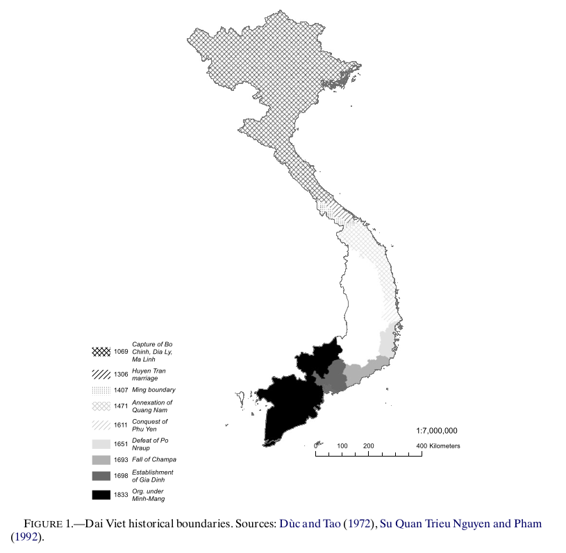 Figure 1: Dai Viet historical boundaries. Sources: Gia Định thành thông chí (Trịnh [1820] 2004) and Đại Nam nhất thống chí.