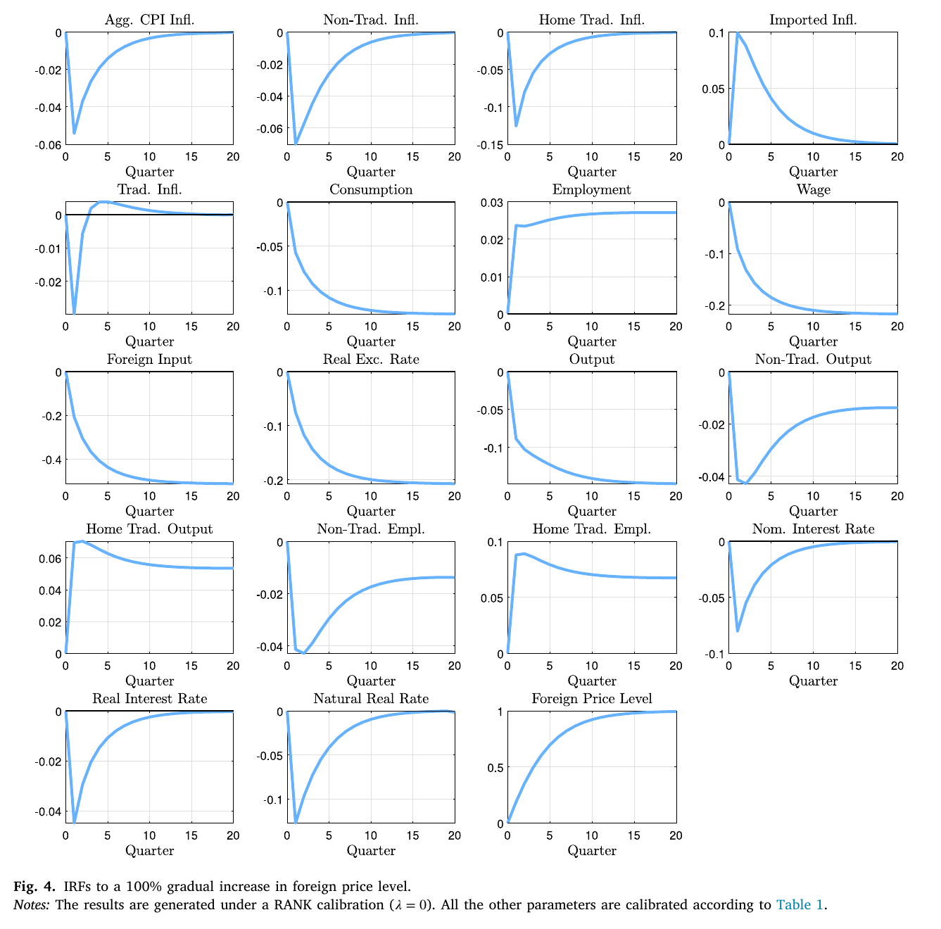 Impulse responses to a gradual permanent rise in import prices under the RANK calibration